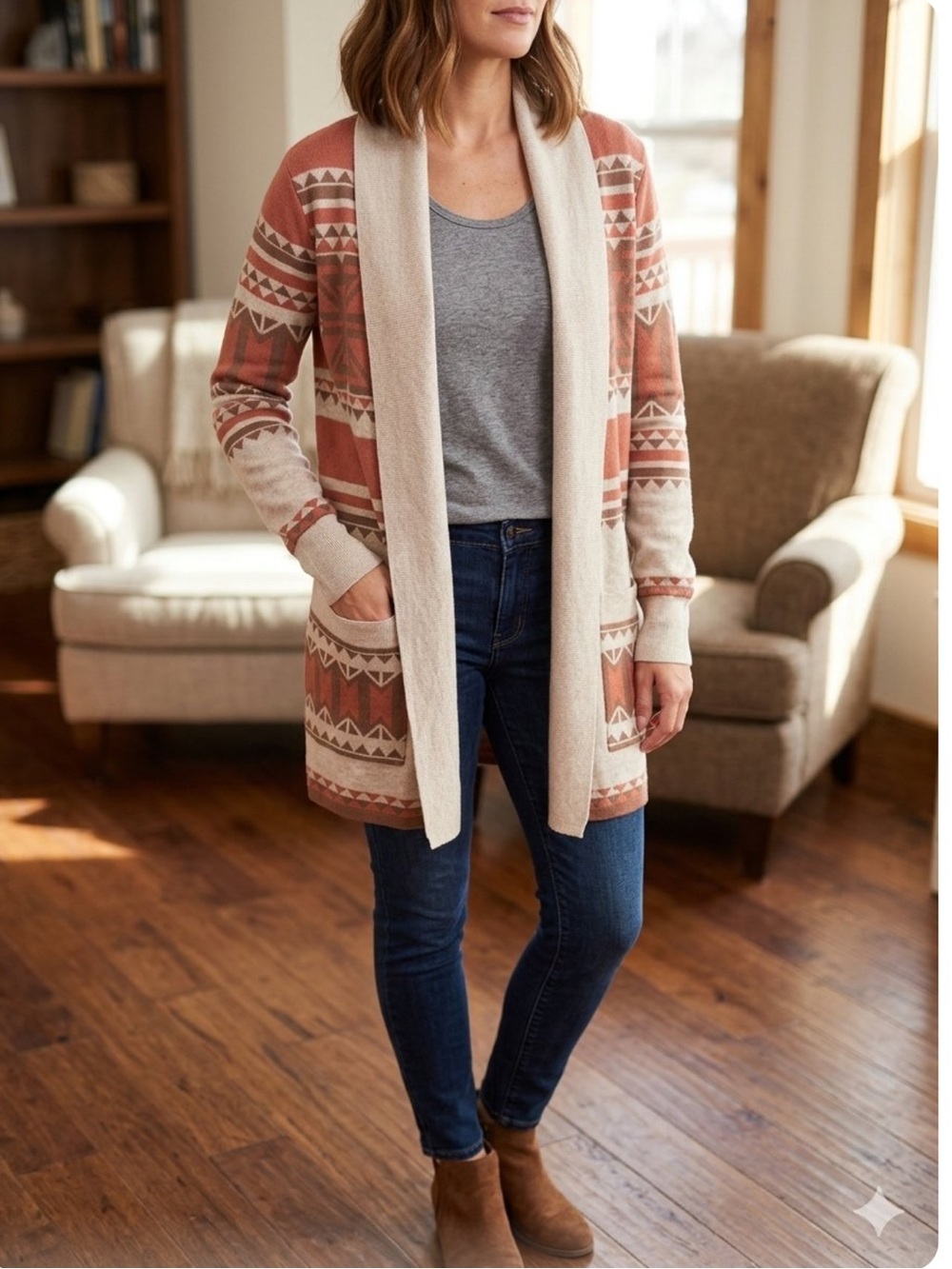 Open-Front Shawl Collar Cardigan Sweater - Rust & Beige